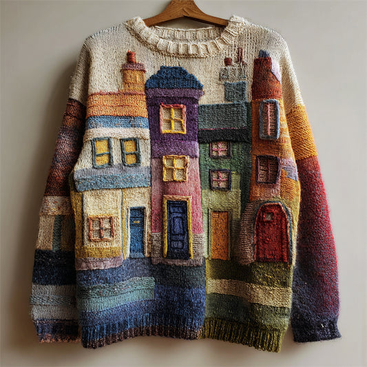 Street Buildings Colorblock Crochet Cozy Knit Sweater elevenforest