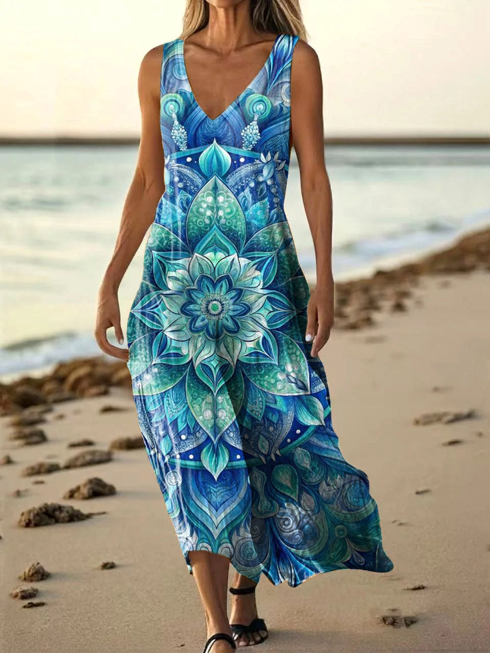 Women's Mandala Pattern Art Print Pocket Cotton Dress