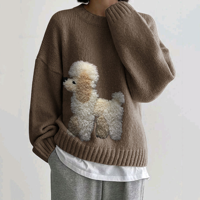 Comstylish Lovely Poodle Dog Felt Art Loose Cozy Sweater
