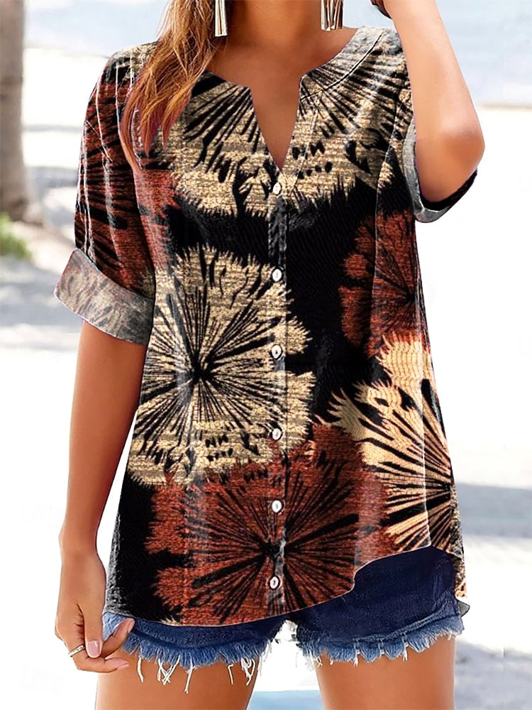 Women's Retro Ethnic Tie-Dye Art Print Casual Short Sleeve Cotton and