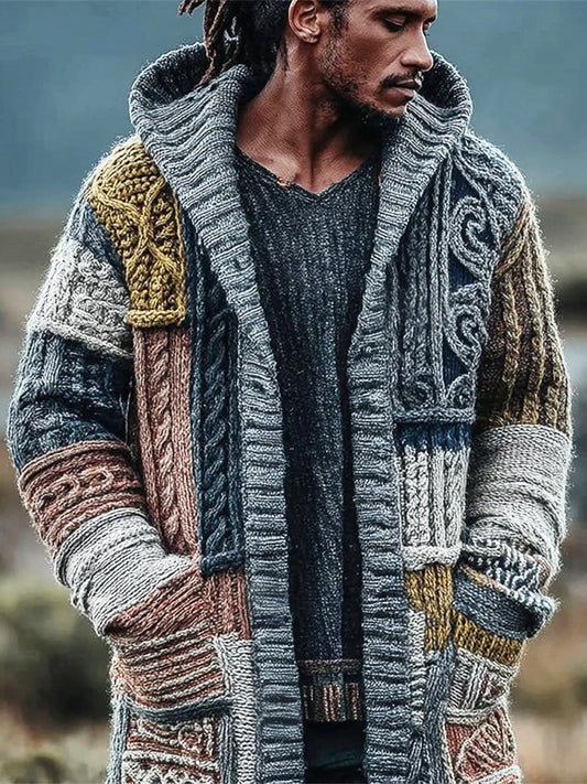 Vintage Geometric Patchwork Men's Chunky Knit Hooded Cardigan artswardrobe
