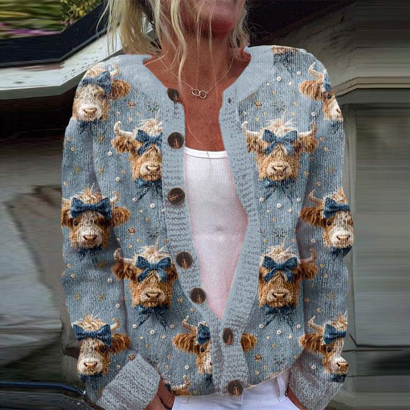 Women's Highland Cow Print Knit Cardigan artswardrobe