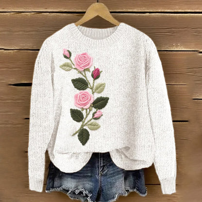 Women's Pink Floral & Ribbon Embroidered Knit Print Sweater artswardrobe