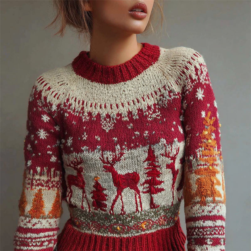 Vintage Christmas Reindeer & Snowflakes Cozy Isle Sweater artswardrobe