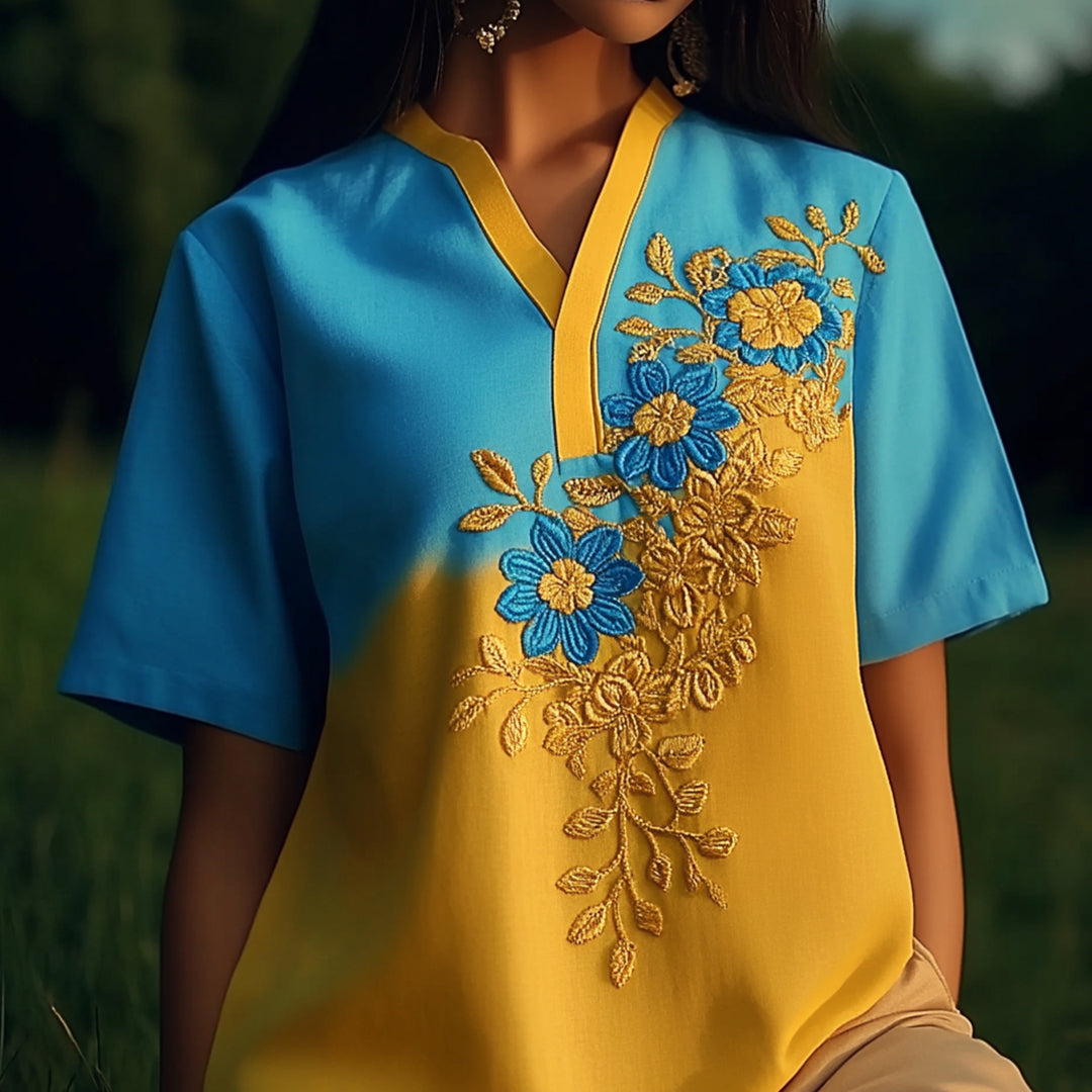 Comstylish Ukrainian Ethnic Floral Embroidery Gradient Linen Women's Shirt