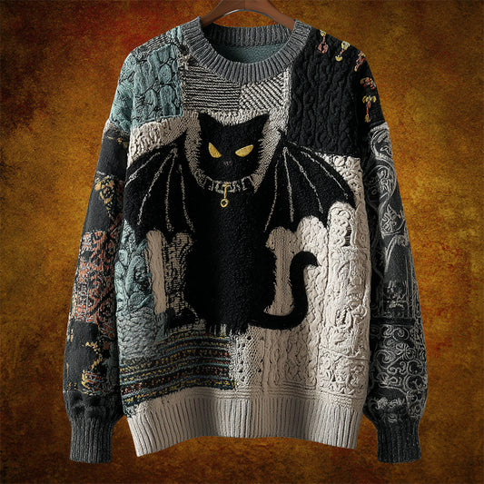 Halloween Black Cat With Bat Wings Patchwork Women's Crew Neck Knit Sweater artswardrobe
