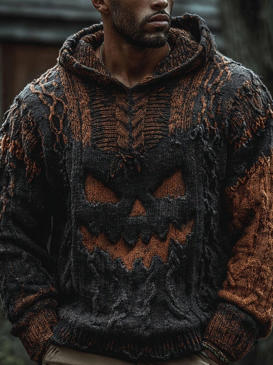 Men's Halloween Spooky Face Vintage Chunky Hooded Sweater artswardrobe