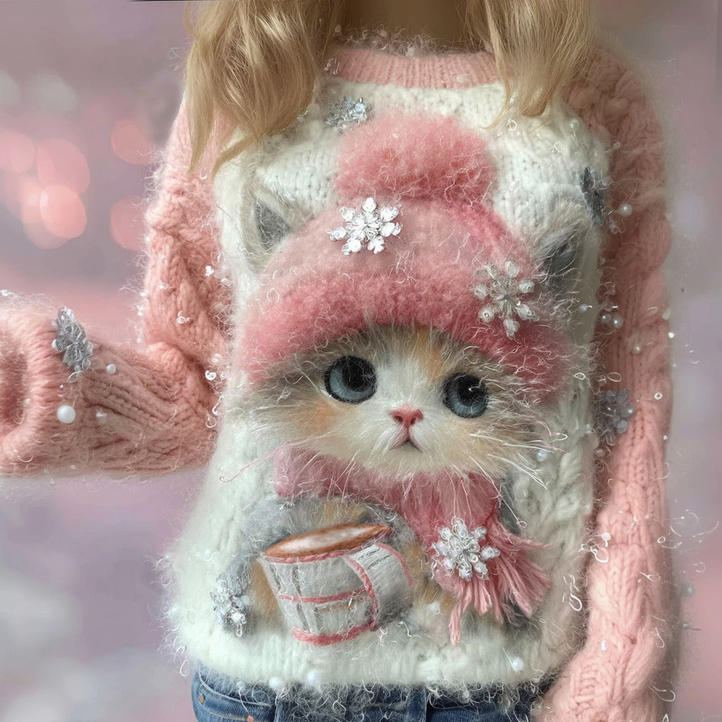 Comstylish Women's Vintage Cute Cat Drinking Coffee Snowflake Art Cozy Sweater