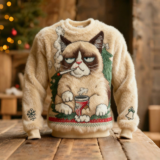 Comstylish Cute And Fun Quirky Cat Pattern Warm Crew Neck Sweater