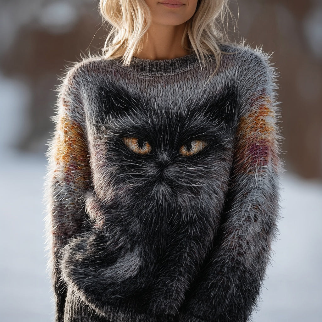 Cute Fuzzy Cat Inspired Pattern Vintage Cozy Sweater artswardrobe