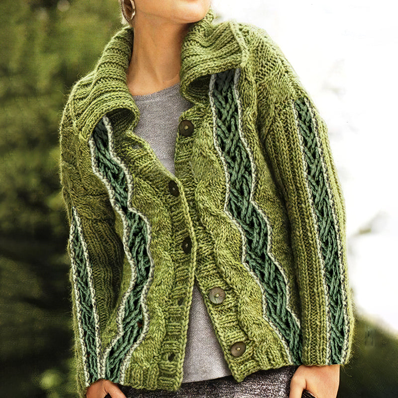 Women's Irish Celtic Thick Needle Knit Jacquard Lapel Button Sweater artswardrobe