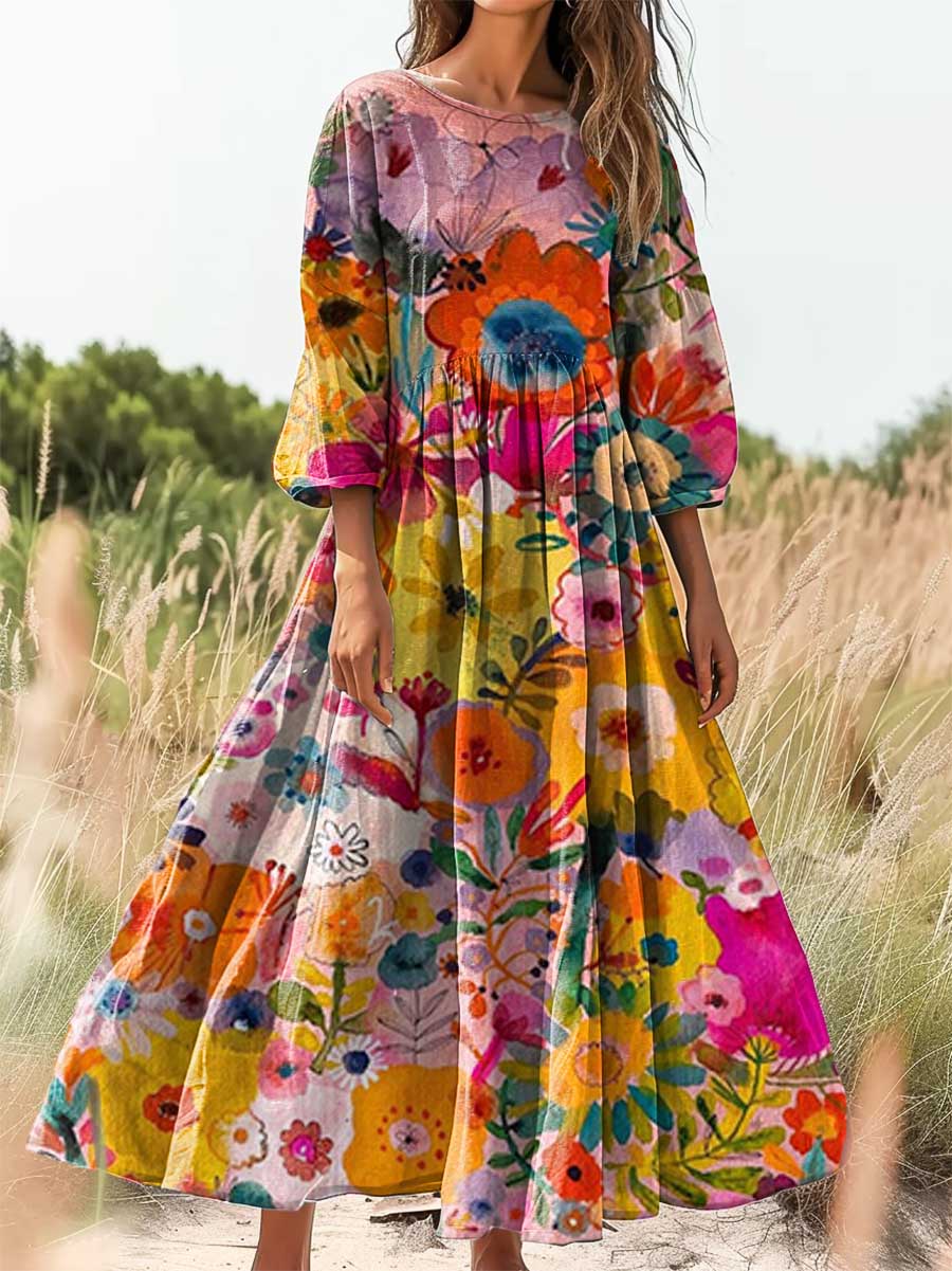 Women's Floral Art Print Cotton Crew Neck Dress