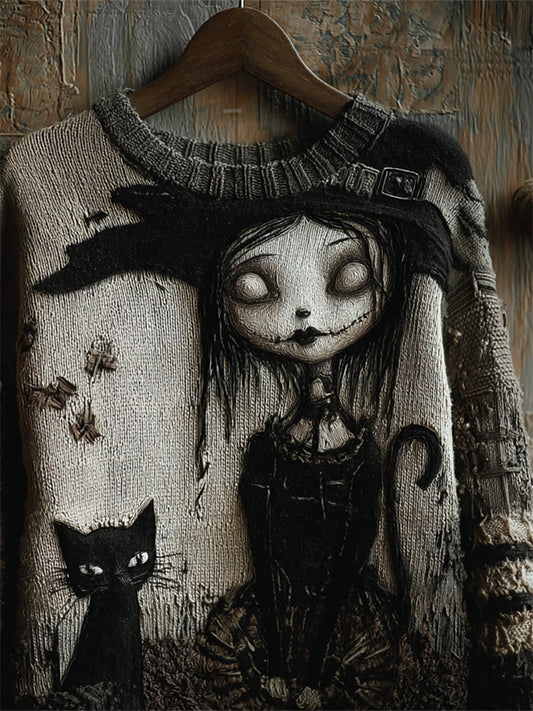 Halloween Gothic Witch Girl & Black Cat Knit Art Cozy Sweater elevenforest
