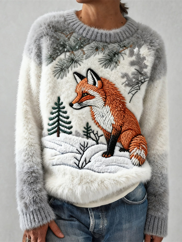 Snowy Forest Fox Art Women's Cozy Flannel Sweater