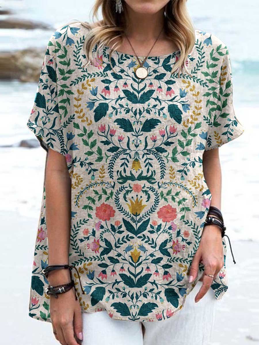 Women's Elegant Vintage Floral Pattern Cotton and Linen Top