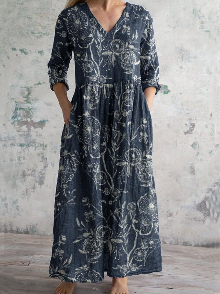 Women's V-neck Elegant Simple Rose Floral Pattern Cotton And Linen Dre