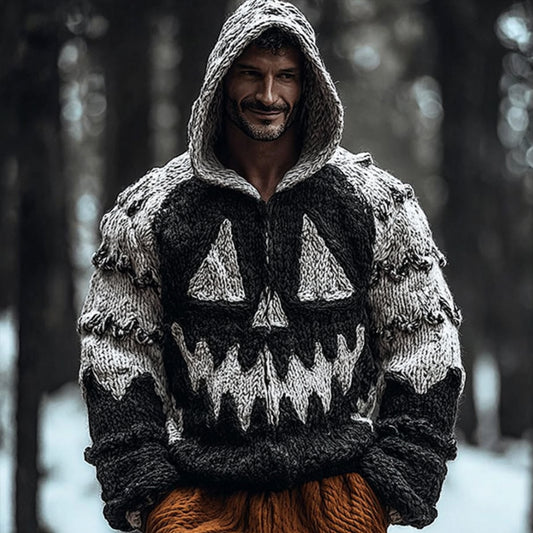 Men's Halloween Pumpkin Expression Black And White Thick Needle Hooded Sweater artswardrobe