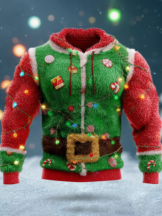 Comstylish Christmas Lights And Santa Claus Color-blocked Plush Hoodie