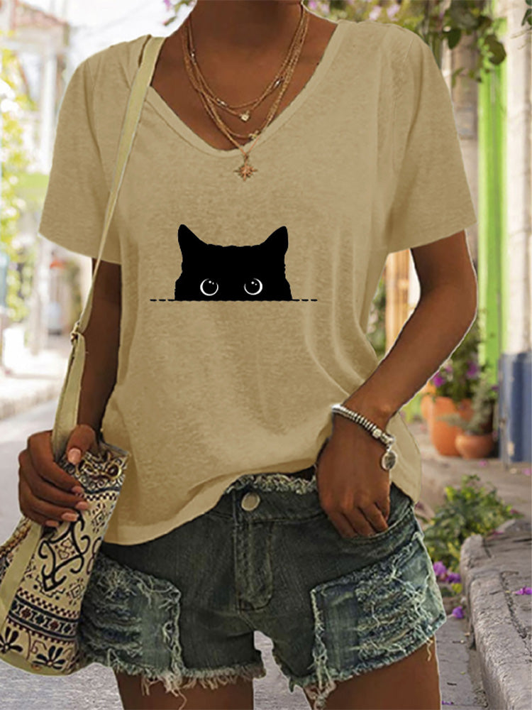 Comstylish Women's Casual Black Cat Print T-shirt