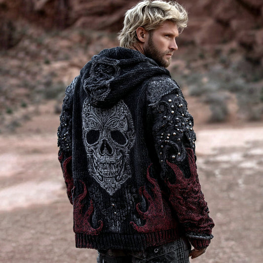 Men's Dark Style Skull And Flame Inspired Knitted Cozy Zipper Up Hooded Cardigan elevenforest