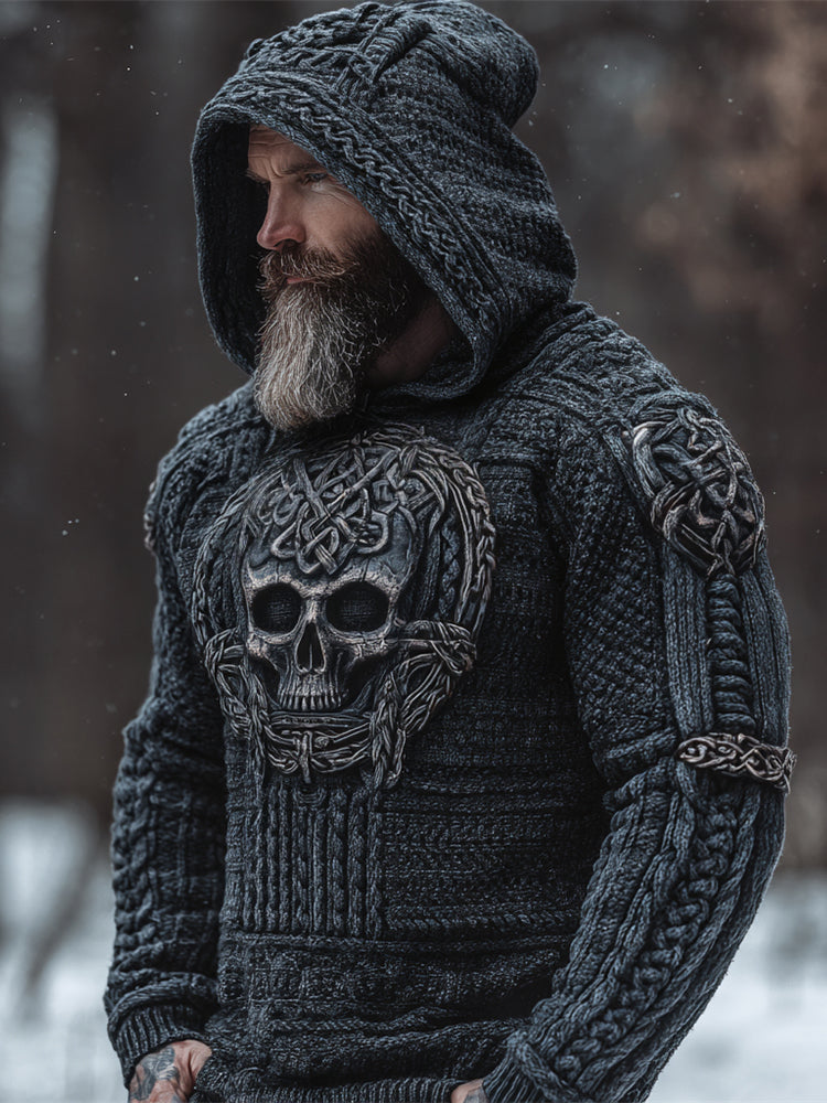 Viking Skull Men's Chunky Knit Hooded Sweater artswardrobe