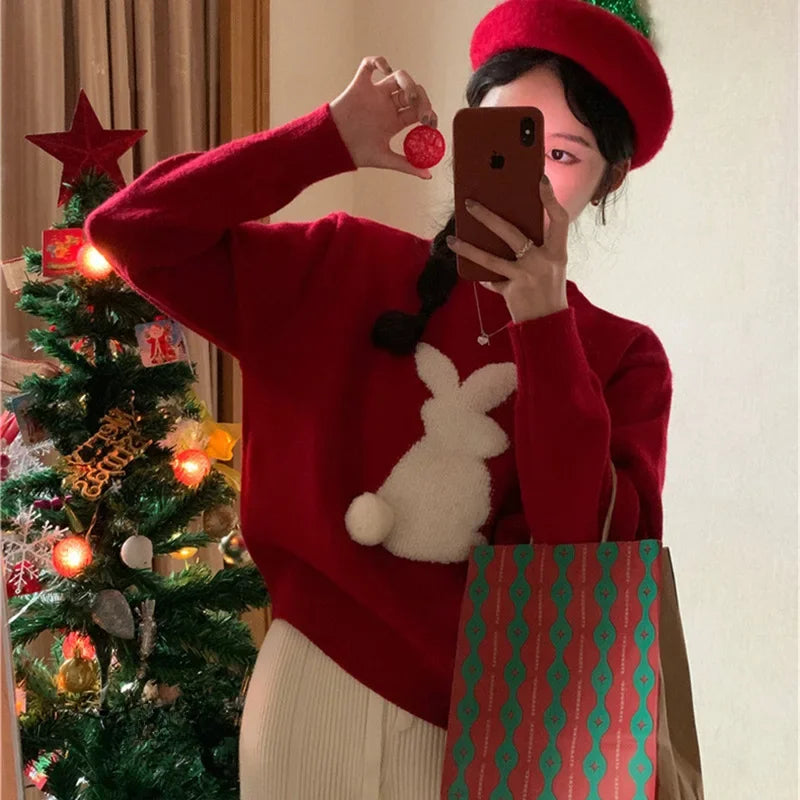 Silvia® | Warm women's knitted sweater with a Christmas bunny embossing and a crew neck