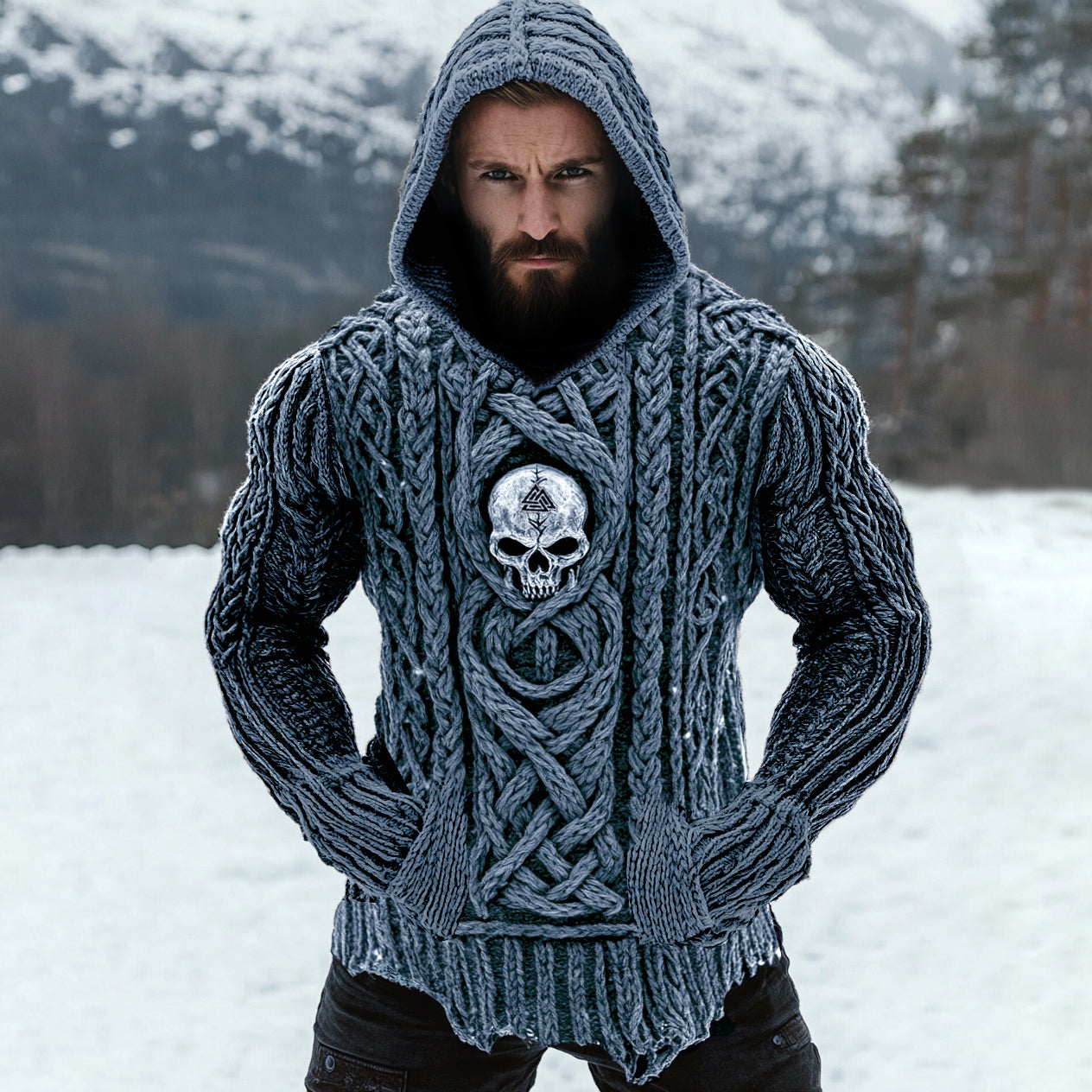 Men's Viking Tribal Skull Rune Celtic Inspired Knit Hooded Sweater artswardrobe