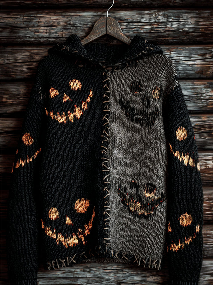 Halloween Pumpkin Faces Contrast Stitched Cozy Knit Hooded Sweater elevenforest