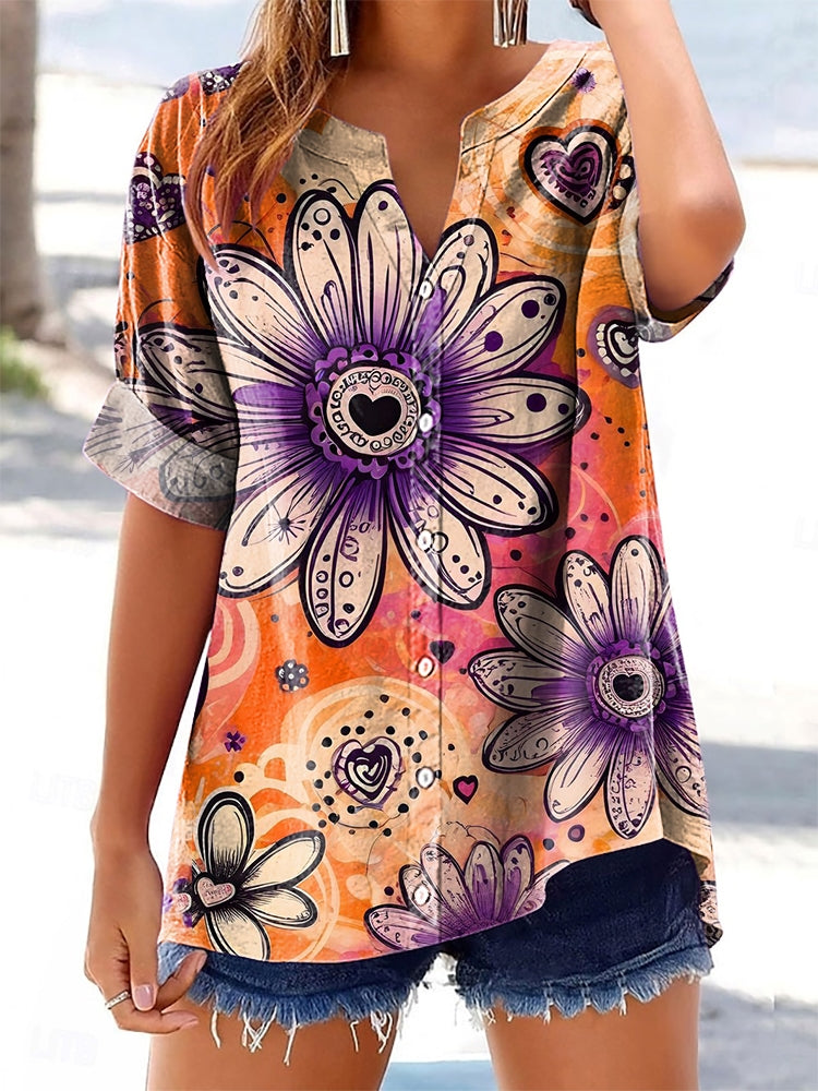 Women's Floral Pattern Art Print Cotton Linen Casual Shirt
