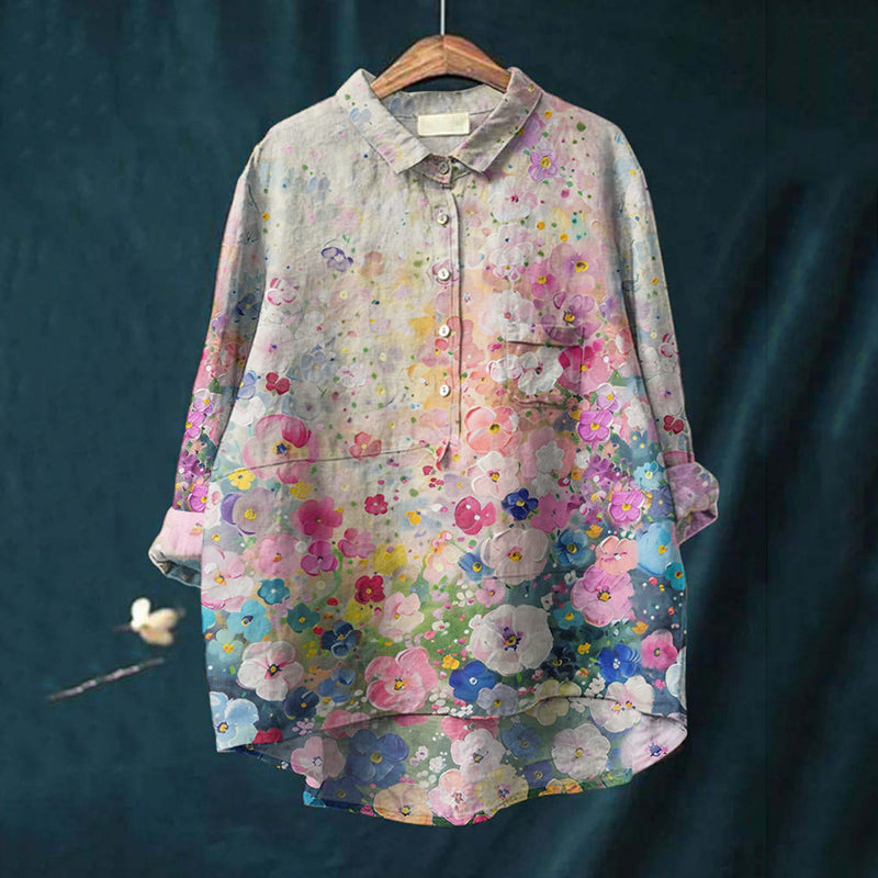 Comstylish Vintage Flowers Oil Painting Art  Print Casual Cotton And Linen Shirt