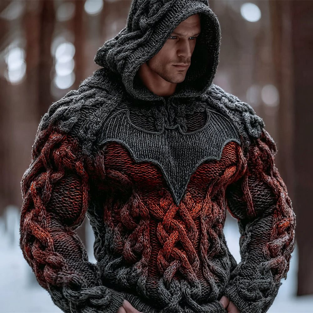 Halloween Flame Bat Men's Chunky Knit Hooded Sweater artswardrobe