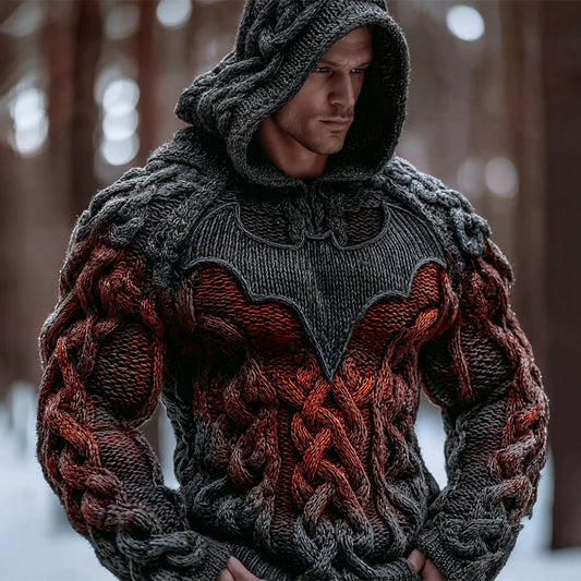 Halloween Flame Bat Men's Chunky Knit Hooded Sweater artswardrobe