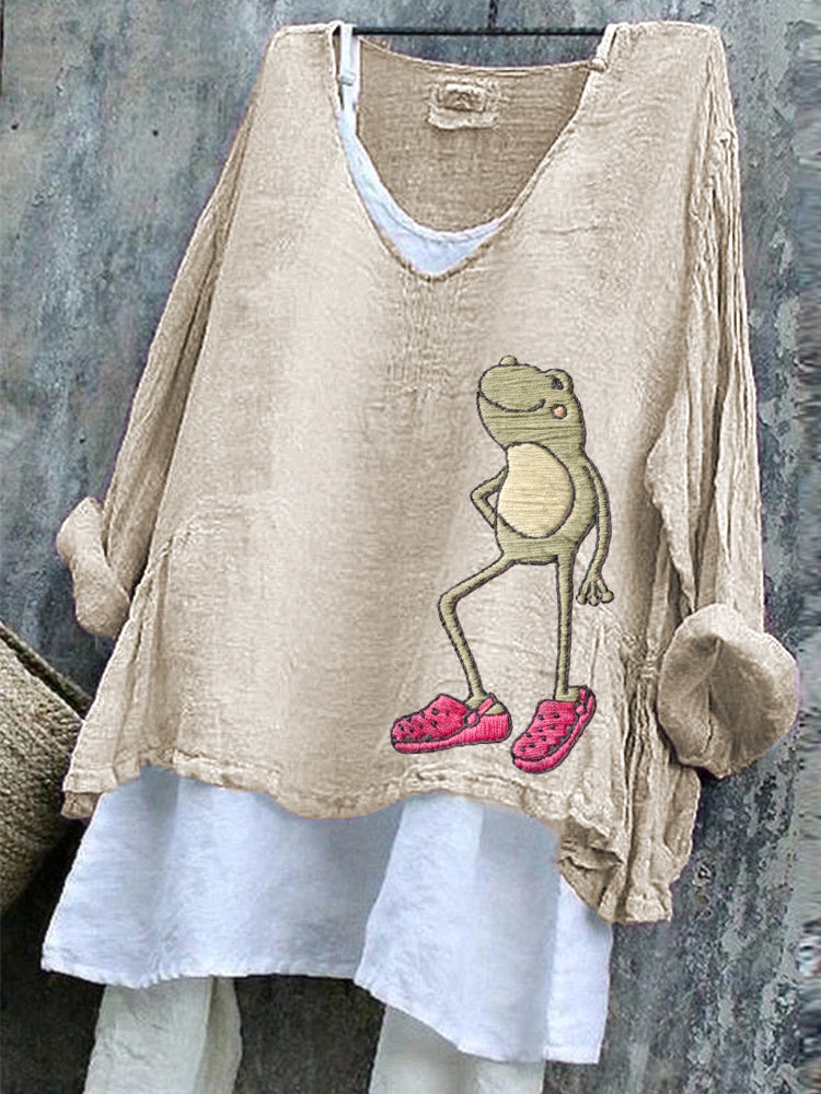 Comstylish Funny Frog Embroidery Pattern Comfort Linen Shirt