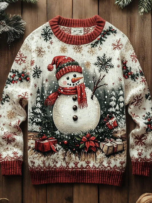 Women's Christmas Snowman Print Art Casual Knitted Sweater artswardrobe