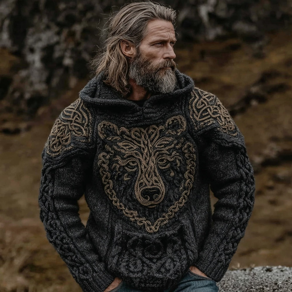 Men's Viking Inspired Celtic Bear Chunky Hooded Sweater artswardrobe