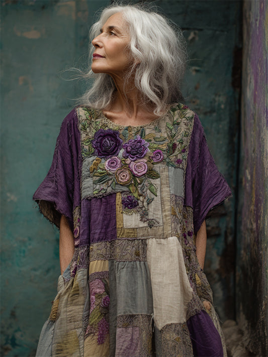 Vintage Cottagecore Purple Roses Embroidered Patchwork Linen Dress artswardrobe
