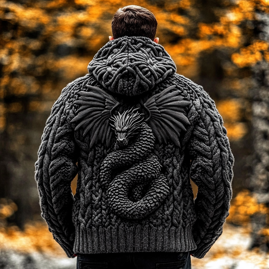 Men's  Dragon Viking Celtic Chunky Knit Hooded Sweater elevenforest