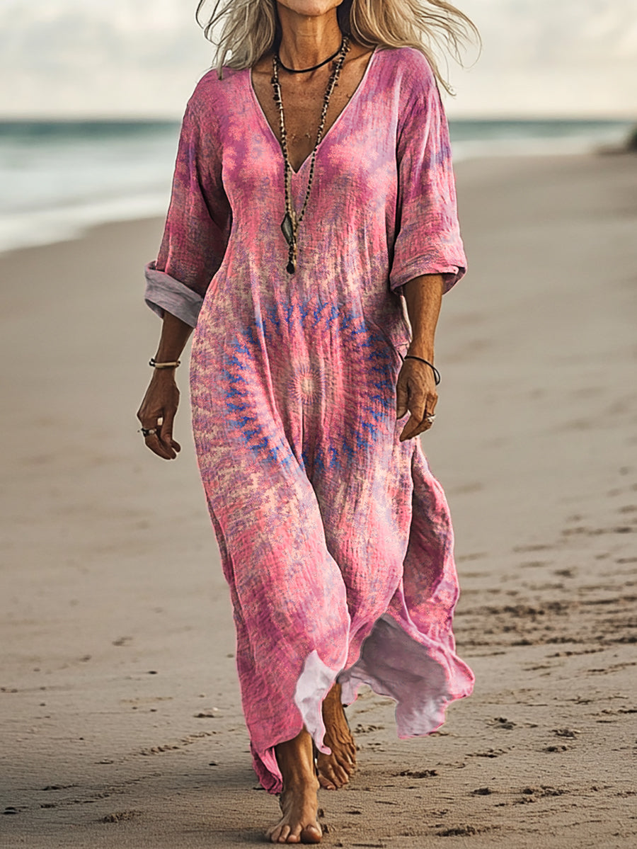 Women's Kaleidoscope Tie Dye Art Print Pocket Cotton Dress