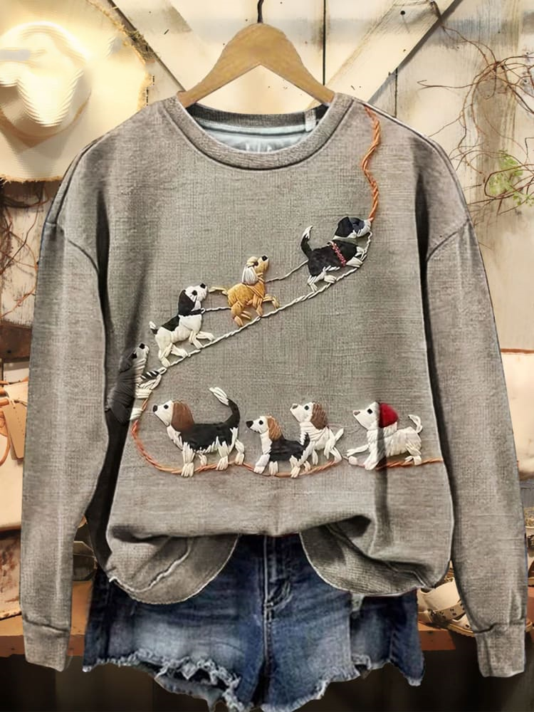 Comstylish Women's Vintage Cute Dogs Art Patterns Print Casual Crew Neck Sweatshirt