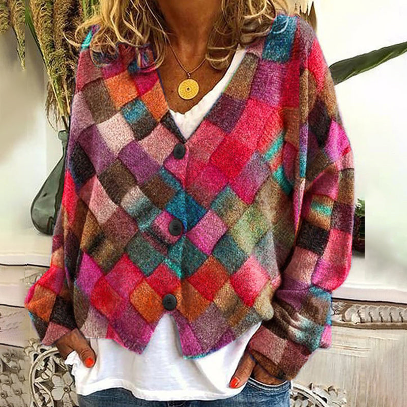 Vintage Geometric Print V-Neck Casual Knitted Cardigan elevenforest