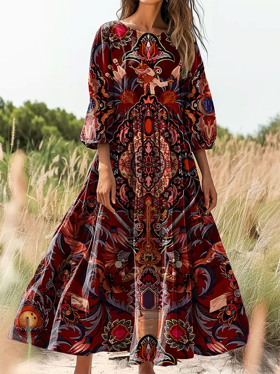 Women's Ethnic Tattoo Pattern Art Print Cotton Round Neck Dress