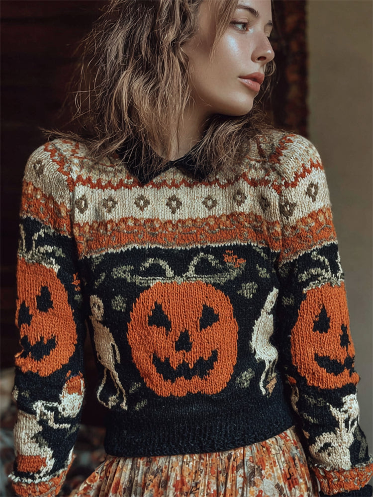 Vintage Halloween Pumpkin Contrast Isle Pattern Cozy Knit Sweater artswardrobe