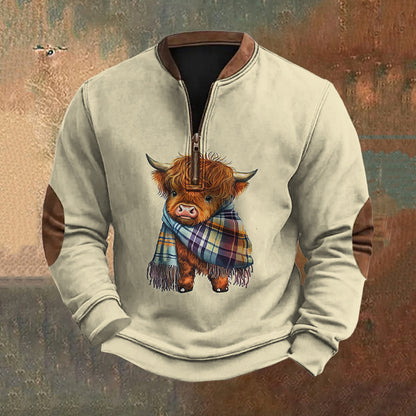 Men's Highland Cow Print Zipper Casual Sweatshirt artswardrobe
