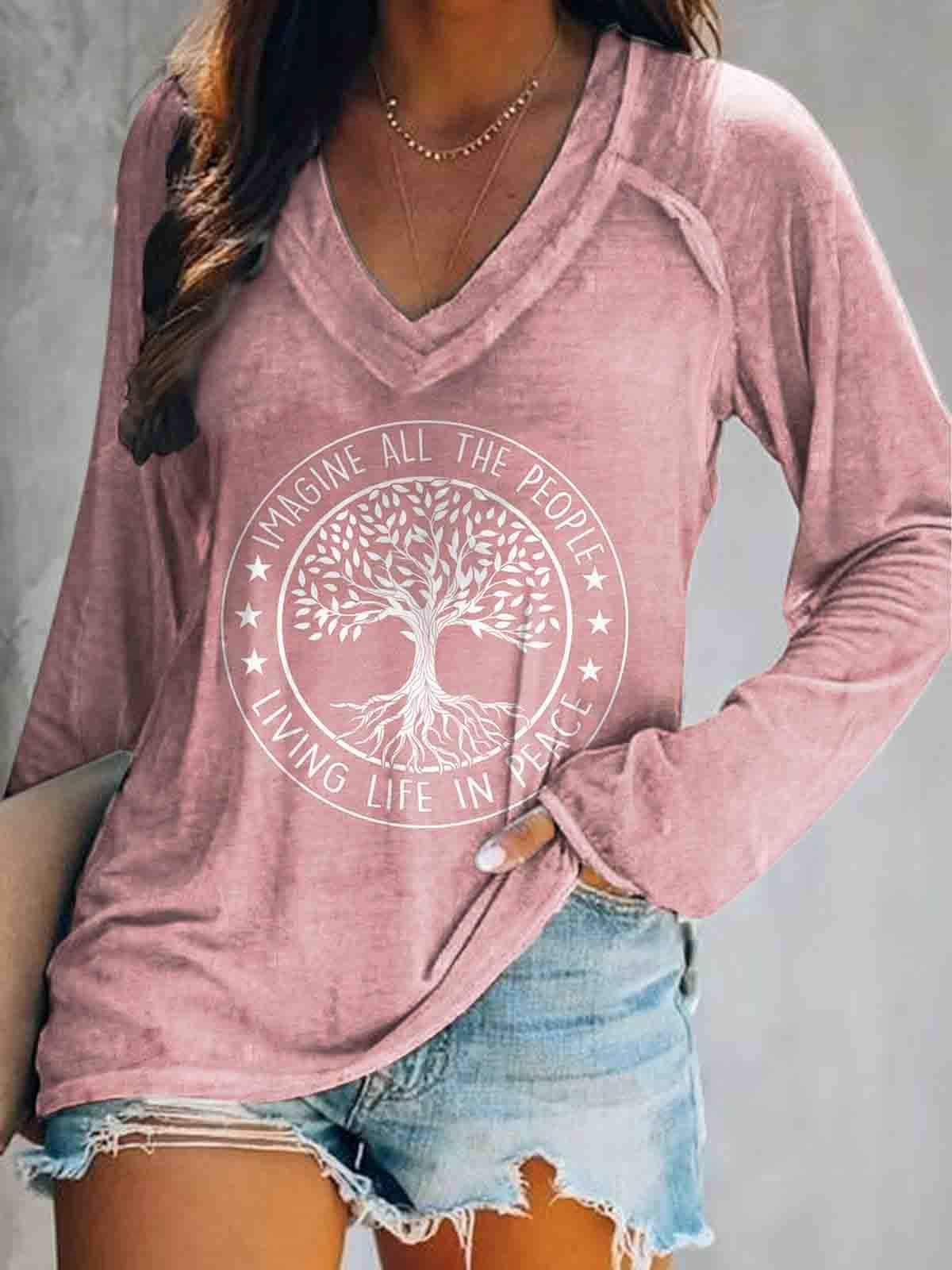 Women's Imagine We All Live In Peace Art Print V-Neck Long Sleeve Blou