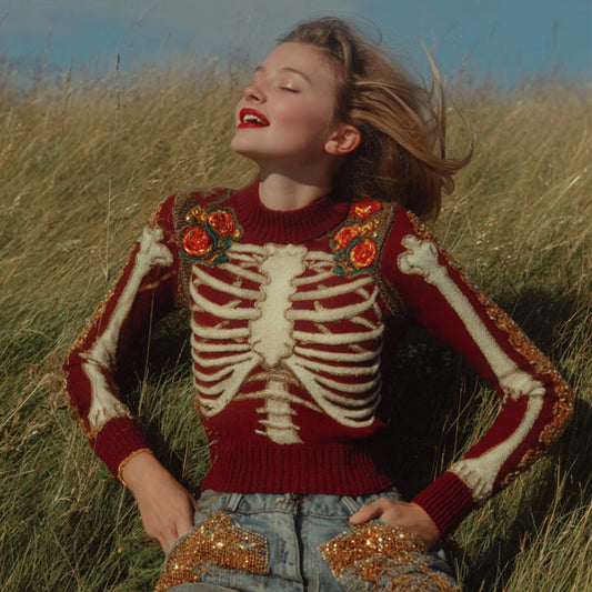 Women's Artistic Sense Halloween Anatomy And Floral Deep Red Round Neck Sweater artswardrobe