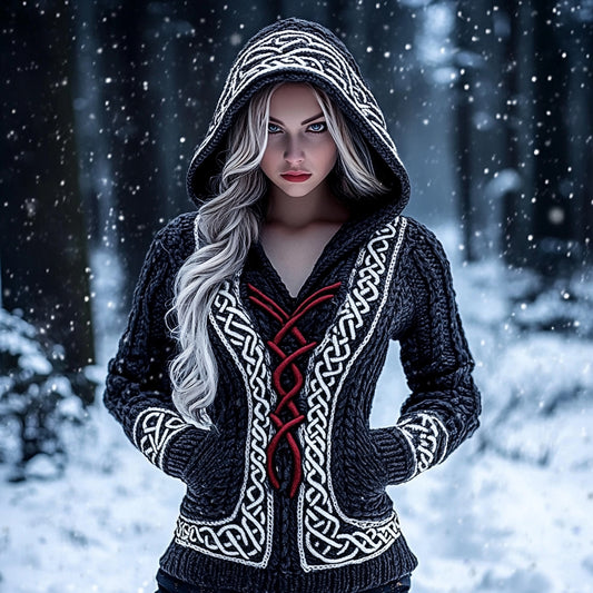 Women's Viking Celtic Knot Jacquard Knit Hooded Sweater elevenforest