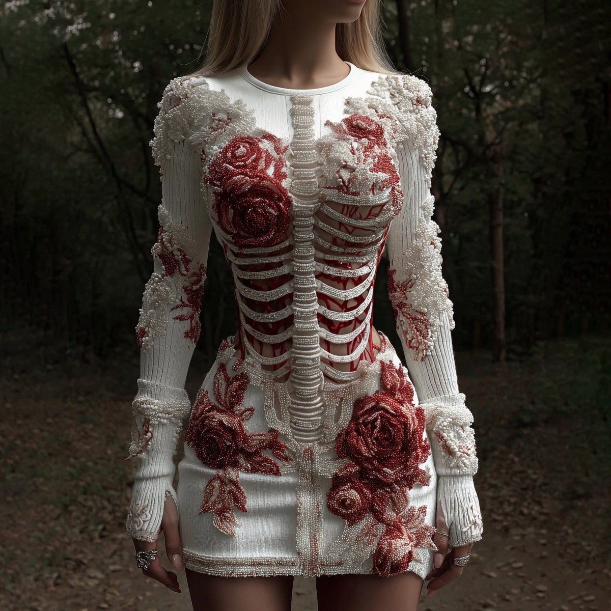 Women's Halloween Skeleton Flower Art Embroidery Cozy Knit Mini Sweater Dress artswardrobe