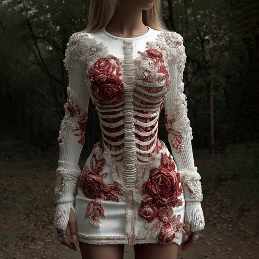 Women's Halloween Skeleton Flower Art Embroidery Cozy Knit Mini Sweater Dress artswardrobe