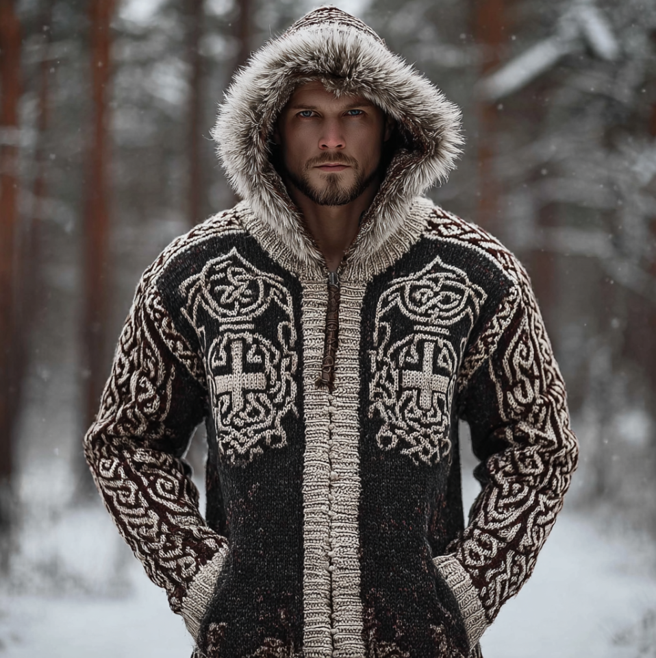 Viking Retro Men's Hooded Knit Sweater Jacket artswardrobe