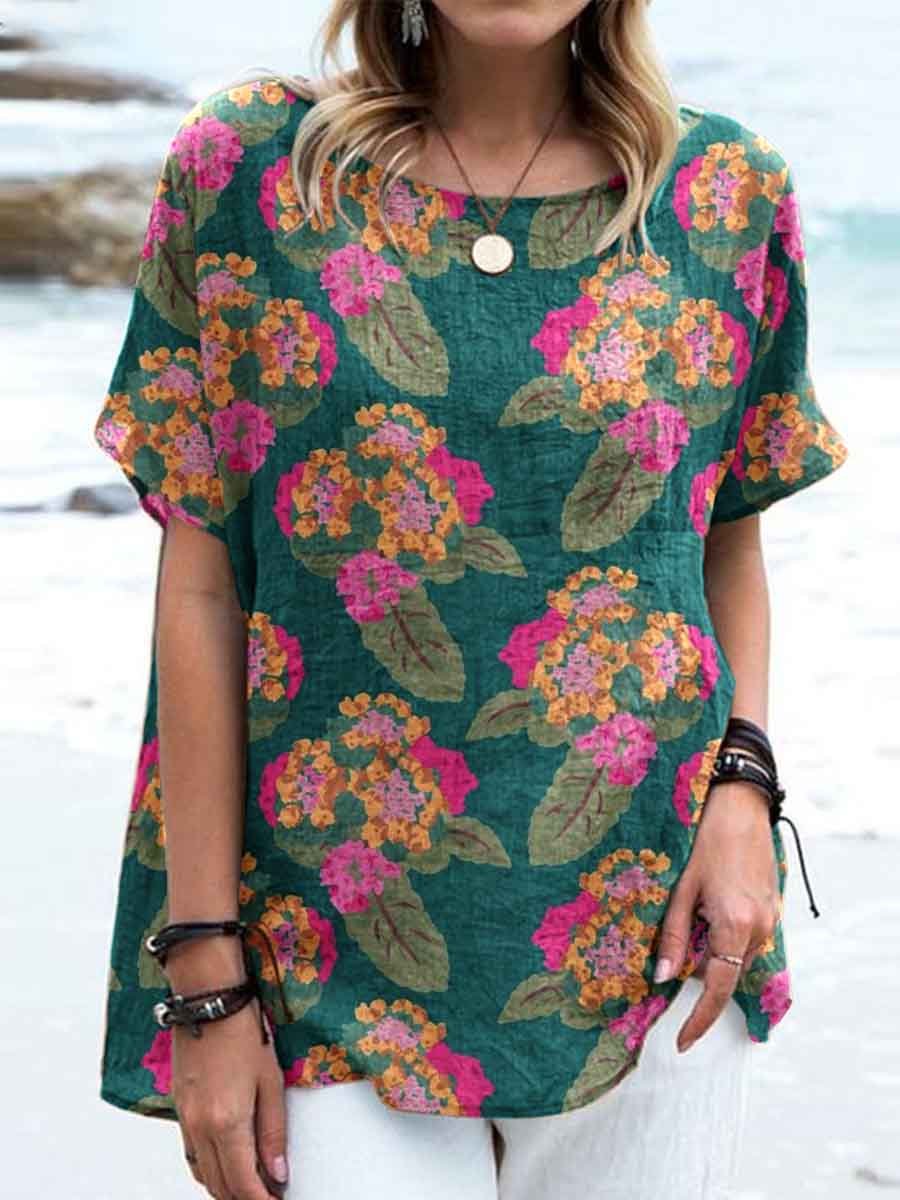 Women's Elegant Floral Round Neck Cotton and Linen Top